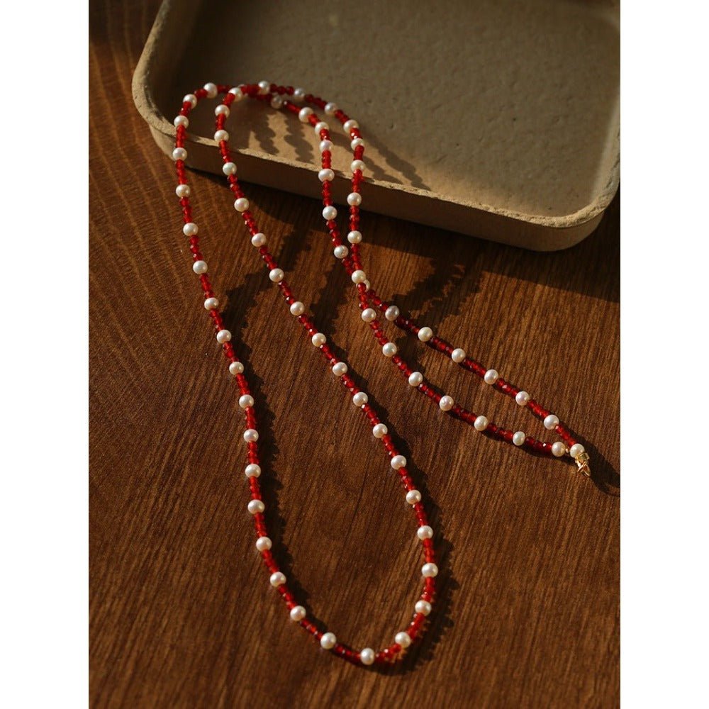 Red Spinel & Pearl Long Necklace | Versatile Layering Statement Piece - floysun