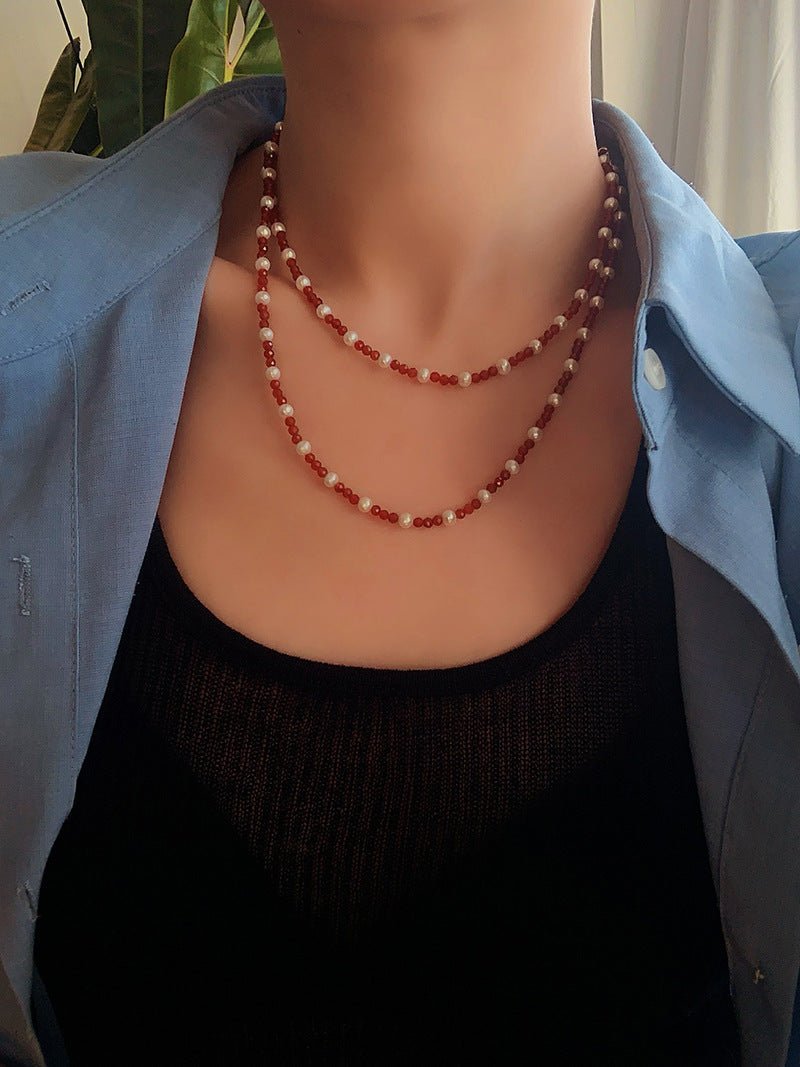 Red Spinel & Pearl Long Necklace | Versatile Layering Statement Piece - floysun