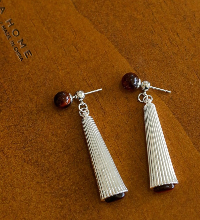 Red Tiger Eye Striped Metal Earrings - floysun