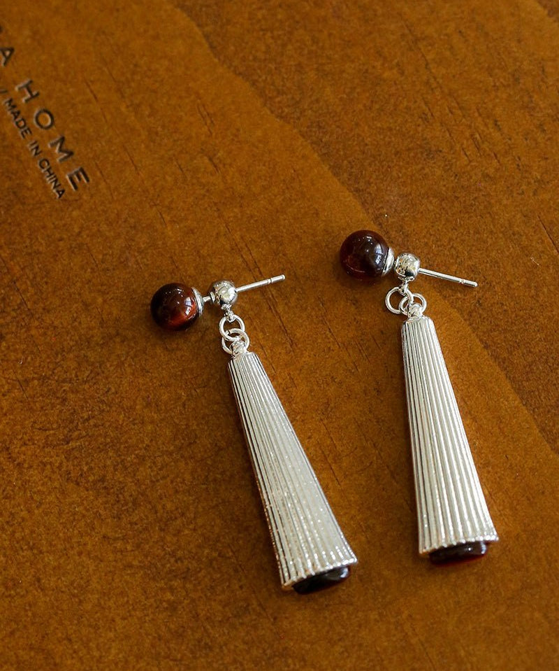 Red Tiger Eye Striped Metal Earrings - floysun