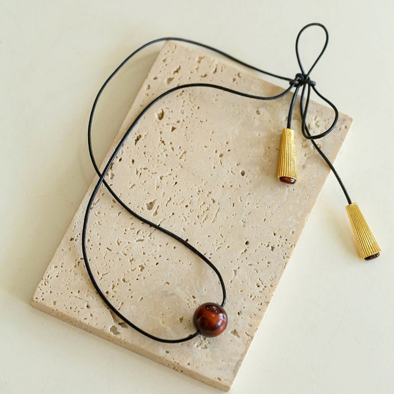 Red Tiger's Eye Pendant Necklace with Black Cord - floysun