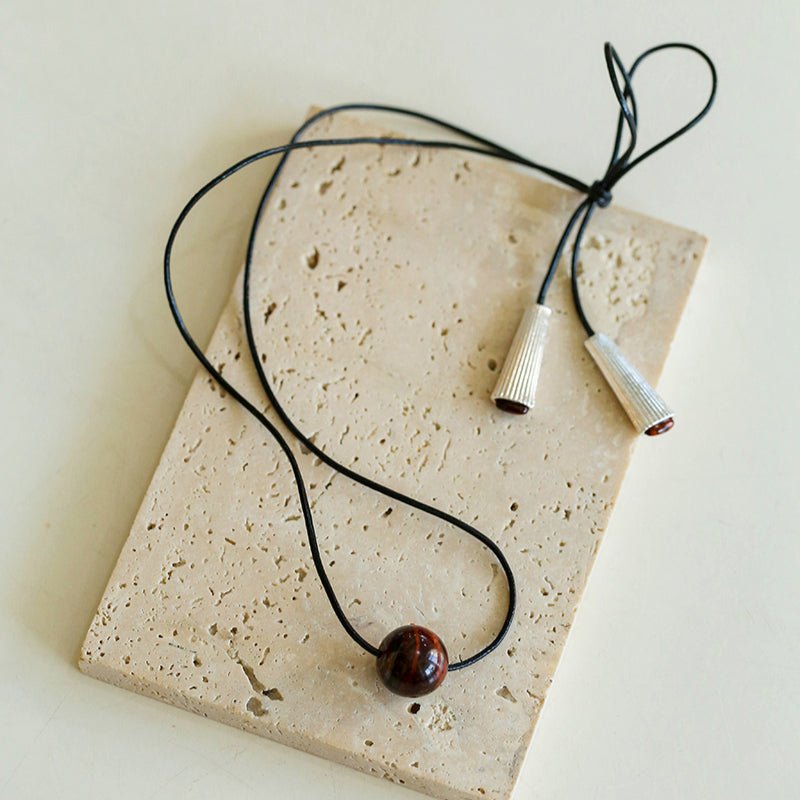 Red Tiger's Eye Pendant Necklace with Black Cord - floysun