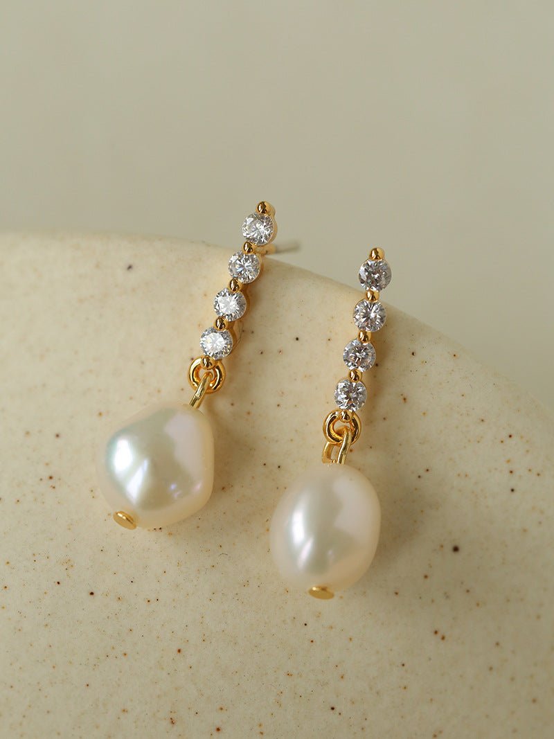 Removable Tassel & Linear Zircon Freshwater Pearl Drop Stud Earrings - floysun