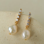 Removable Tassel & Linear Zircon Freshwater Pearl Drop Stud Earrings - floysun