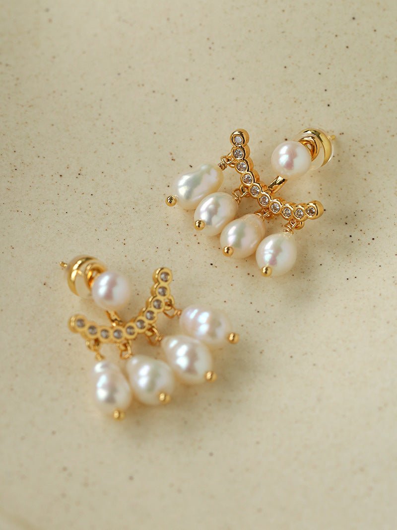Removable Tassel & Linear Zircon Freshwater Pearl Drop Stud Earrings - floysun