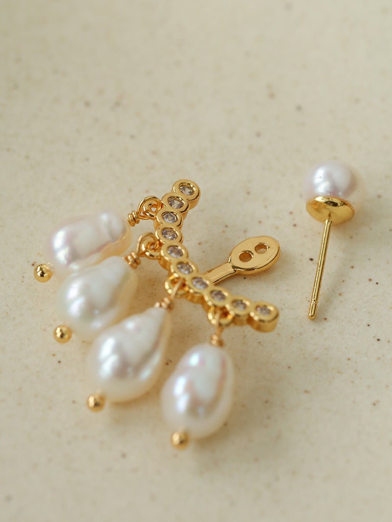 Removable Tassel & Linear Zircon Freshwater Pearl Drop Stud Earrings - floysun