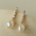 Removable Tassel & Linear Zircon Freshwater Pearl Drop Stud Earrings - floysun