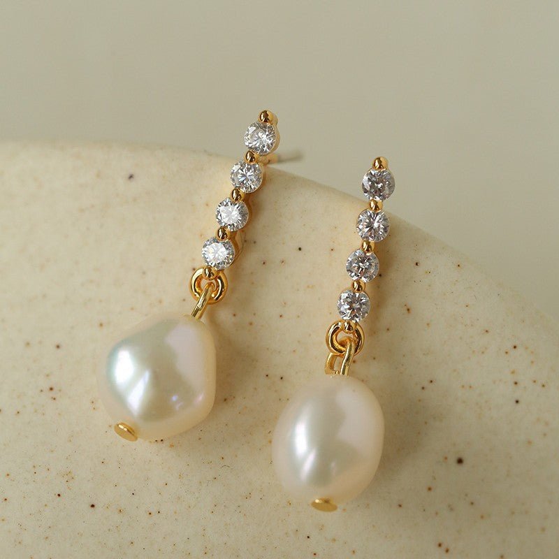 Removable Tassel & Linear Zircon Freshwater Pearl Drop Stud Earrings - floysun