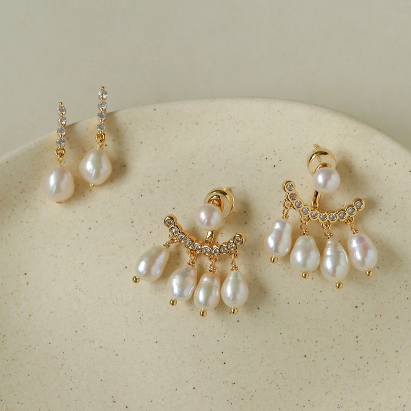 Removable Tassel & Linear Zircon Freshwater Pearl Drop Stud Earrings - floysun