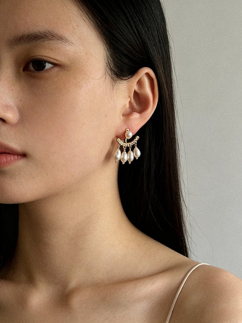 Removable Tassel & Linear Zircon Freshwater Pearl Drop Stud Earrings - floysun