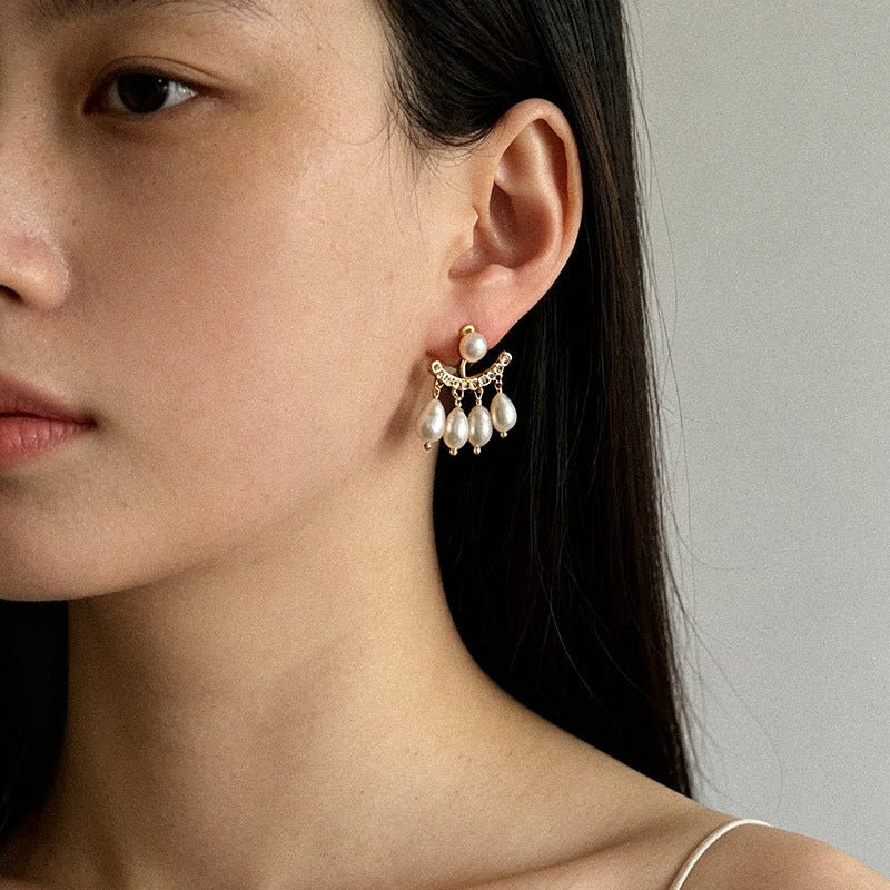 Removable Tassel & Linear Zircon Freshwater Pearl Drop Stud Earrings - floysun