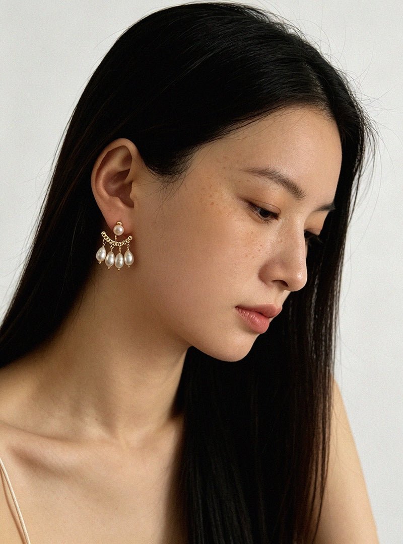 Removable Tassel & Linear Zircon Freshwater Pearl Drop Stud Earrings - floysun
