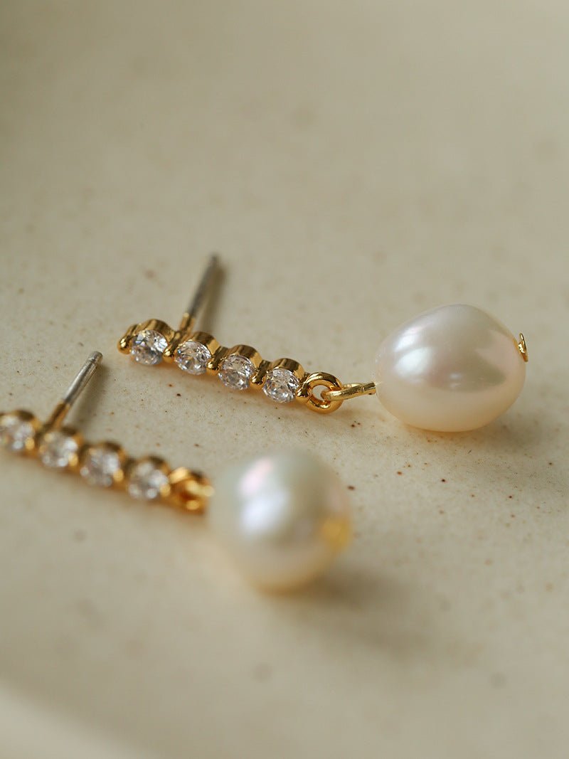 Removable Tassel & Linear Zircon Freshwater Pearl Drop Stud Earrings - floysun