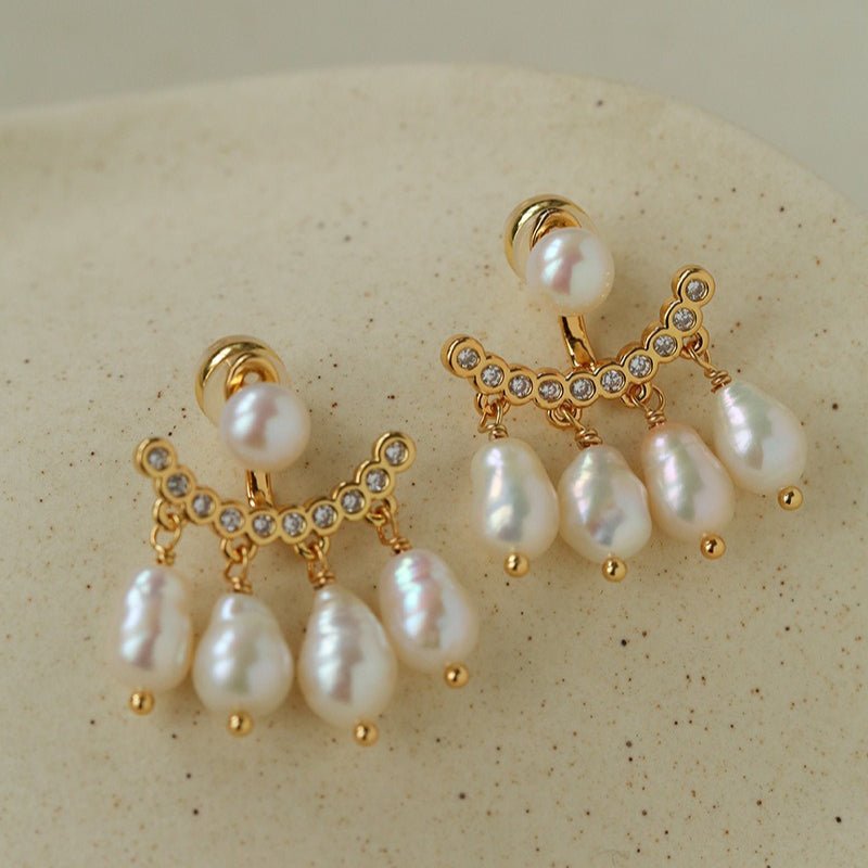 Removable Tassel & Linear Zircon Freshwater Pearl Drop Stud Earrings - floysun