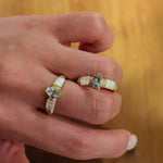 Retro Coastal Blue Topaz & Mother of Pearl Ring - Handcrafted 18K Gold Plated S925 Silver Oceanic Band - floysun