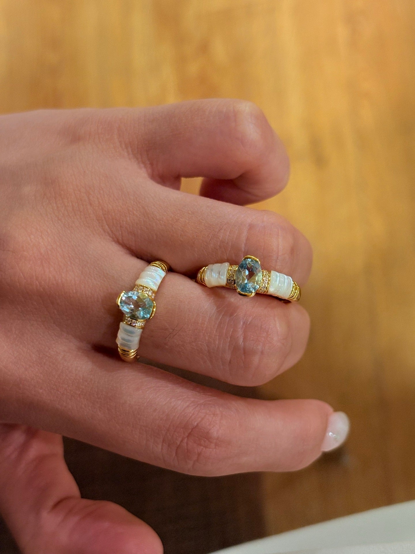Retro Coastal Blue Topaz & Mother of Pearl Ring - Handcrafted 18K Gold Plated S925 Silver Oceanic Band - floysun