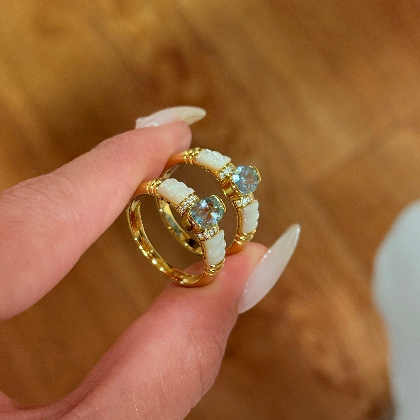 Retro Coastal Blue Topaz & Mother of Pearl Ring - Handcrafted 18K Gold Plated S925 Silver Oceanic Band - floysun