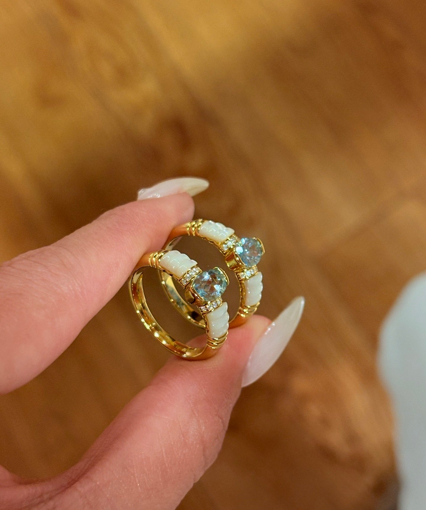 Retro Coastal Blue Topaz & Mother of Pearl Ring - Handcrafted 18K Gold Plated S925 Silver Oceanic Band - floysun