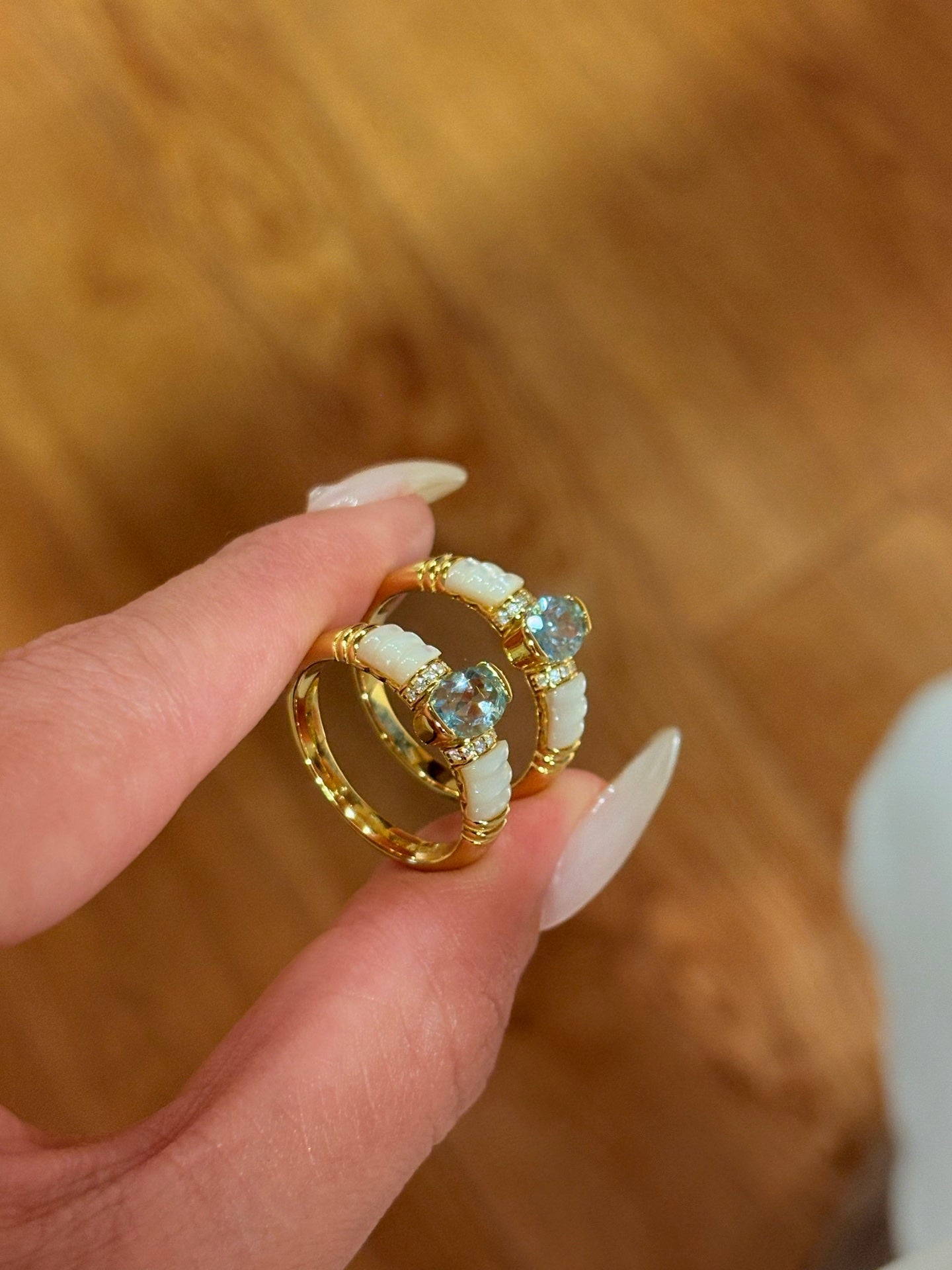 Retro Coastal Blue Topaz & Mother of Pearl Ring - Handcrafted 18K Gold Plated S925 Silver Oceanic Band - floysun