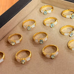 Retro Coastal Blue Topaz & Mother of Pearl Ring - Handcrafted 18K Gold Plated S925 Silver Oceanic Band - floysun