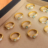 Retro Coastal Blue Topaz & Mother of Pearl Ring - Handcrafted 18K Gold Plated S925 Silver Oceanic Band - floysun