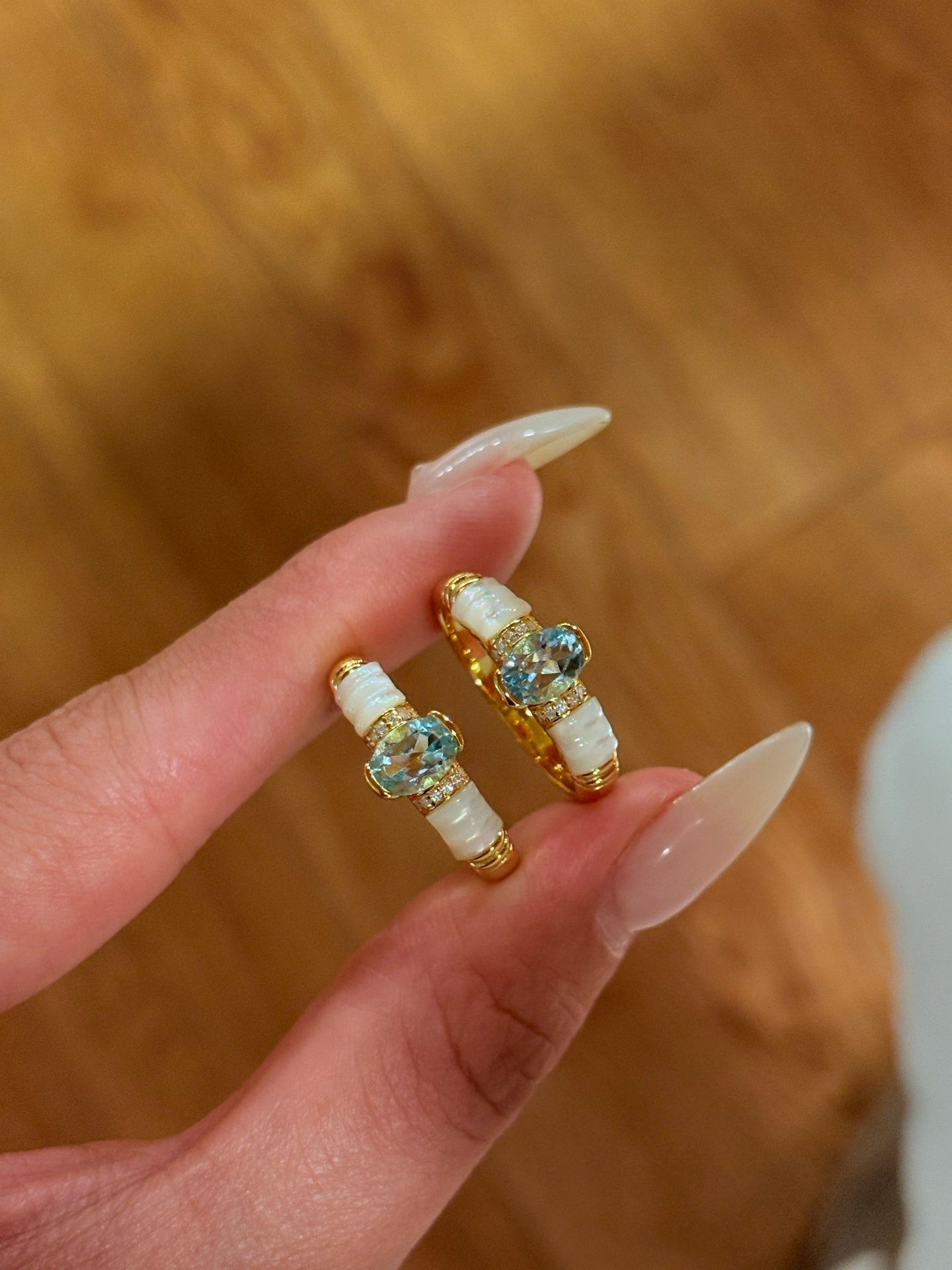 Retro Coastal Blue Topaz & Mother of Pearl Ring - Handcrafted 18K Gold Plated S925 Silver Oceanic Band - floysun