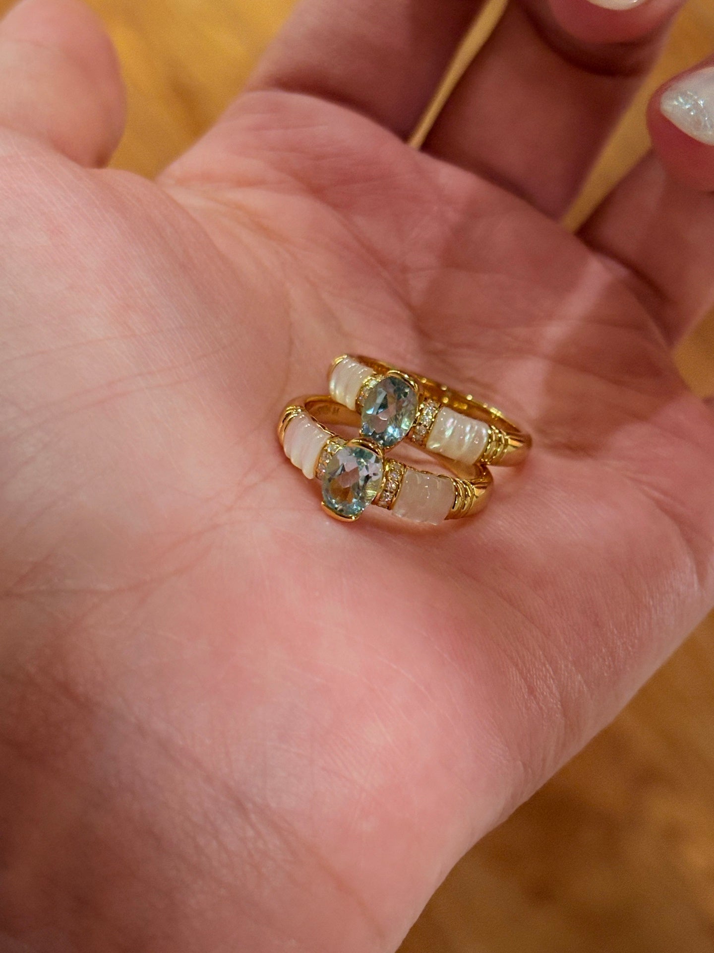 Retro Coastal Blue Topaz & Mother of Pearl Ring - Handcrafted 18K Gold Plated S925 Silver Oceanic Band - floysun