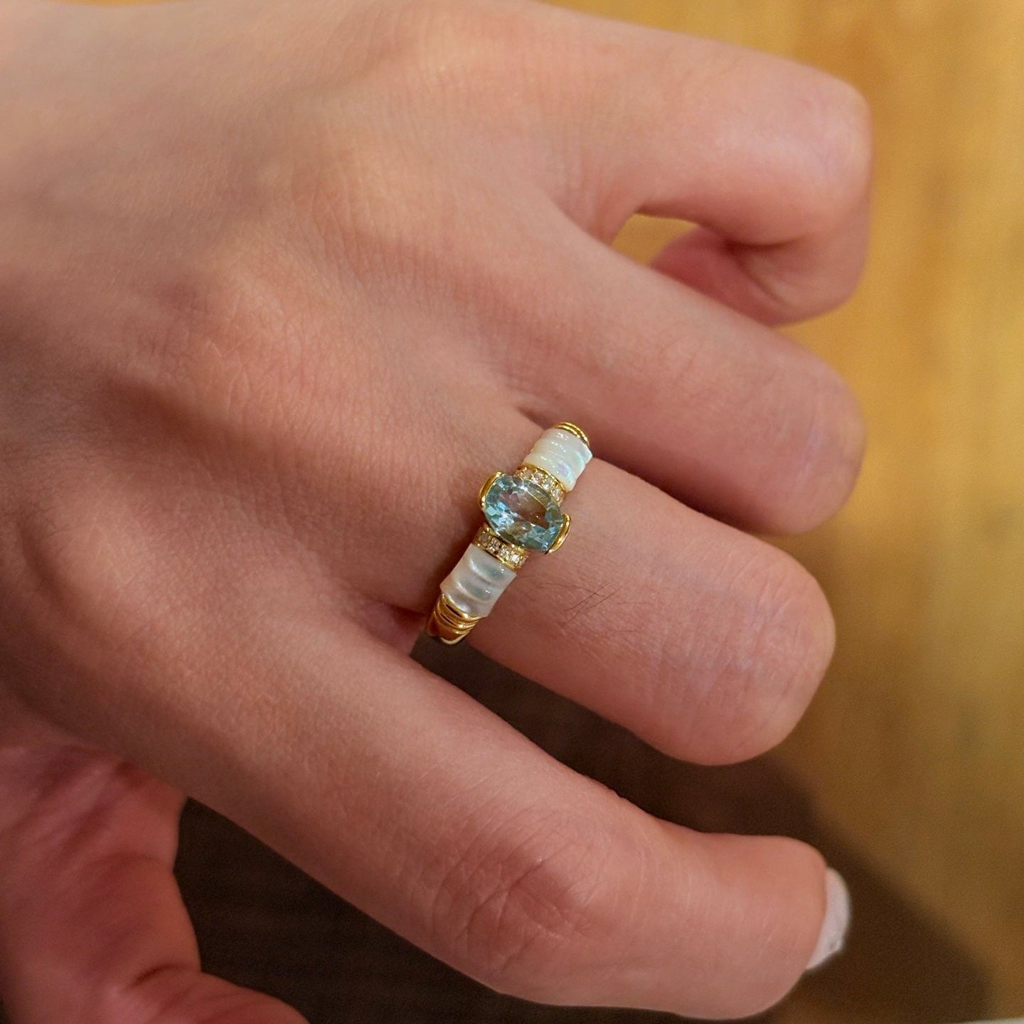 Retro Coastal Blue Topaz & Mother of Pearl Ring - Handcrafted 18K Gold Plated S925 Silver Oceanic Band - floysun