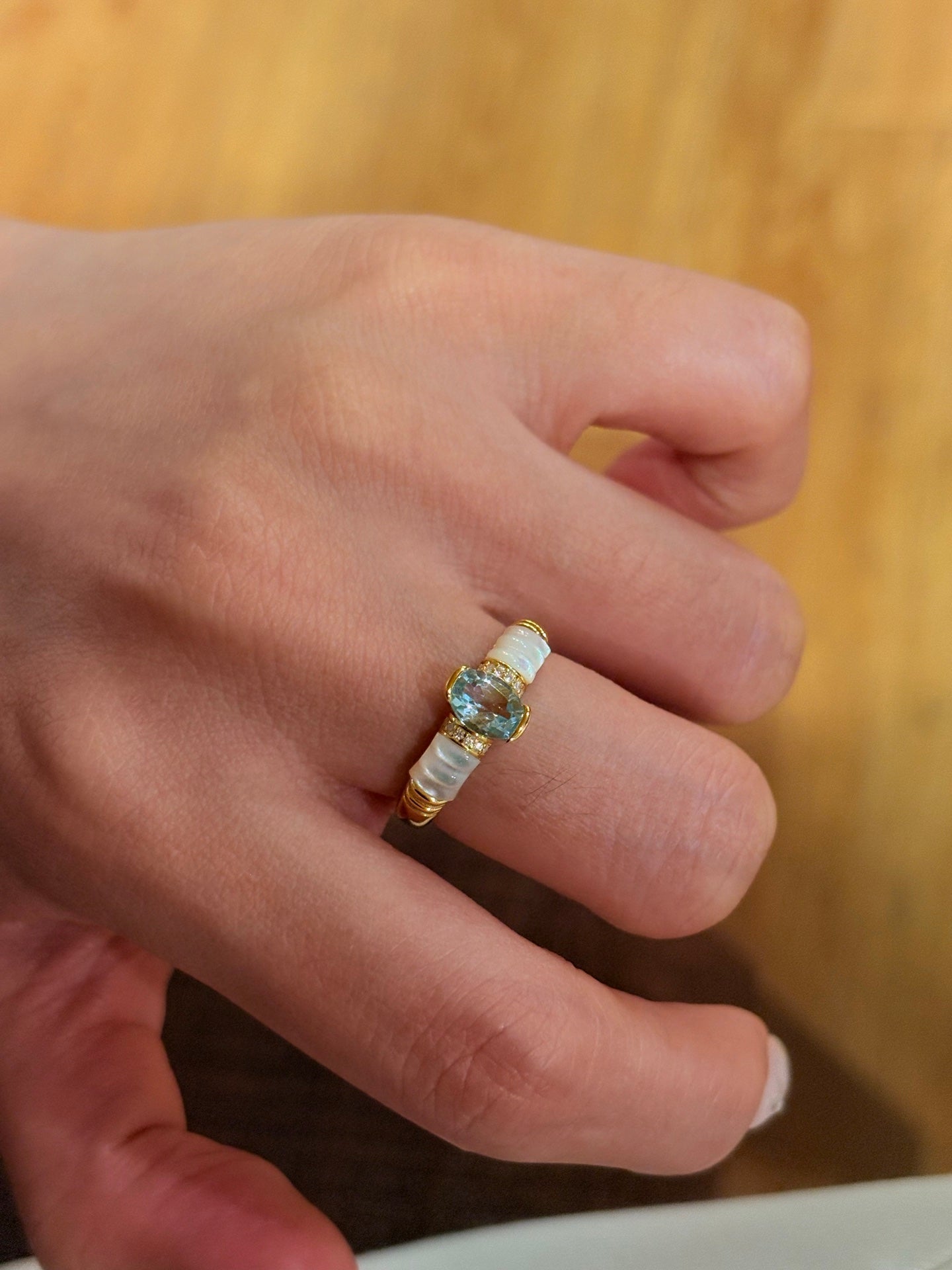 Retro Coastal Blue Topaz & Mother of Pearl Ring - Handcrafted 18K Gold Plated S925 Silver Oceanic Band - floysun