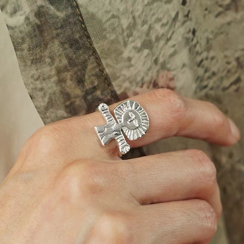 Retro Coastal Trident Band Ring - Handcrafted S925 Sterling Silver Hammered Statement Ring - floysun