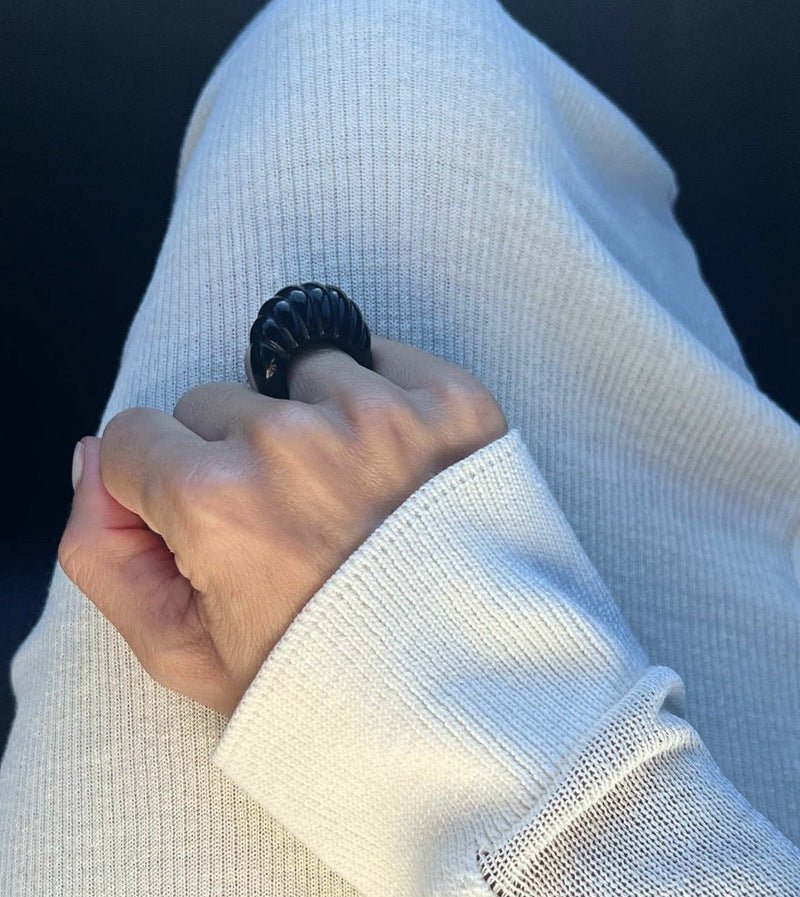 Retro Croissant Statement Ring - Handcrafted Natural Stone & Artisanal Glass - floysun