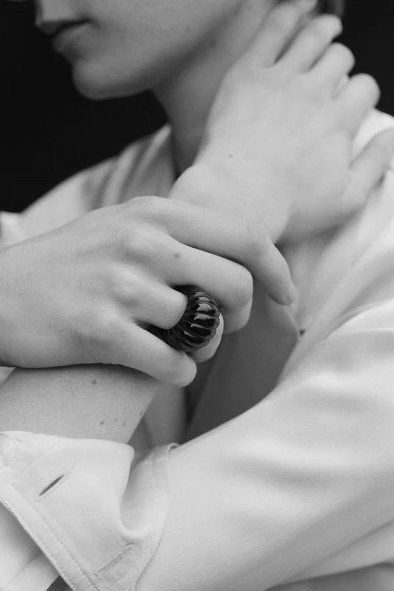 Retro Croissant Statement Ring - Handcrafted Natural Stone & Artisanal Glass - floysun