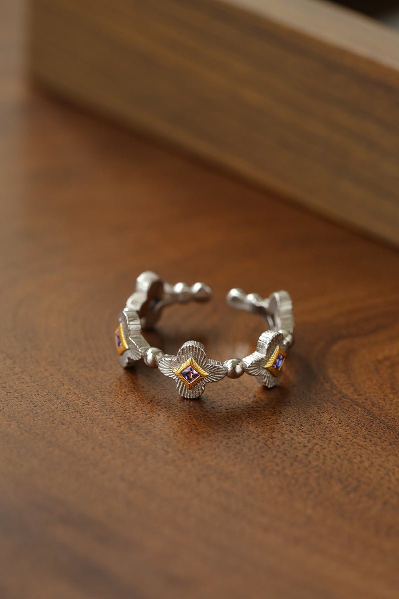 Retro Four - Leaf Clover Cross Open Ring - Geometric Minimalist Band - floysun