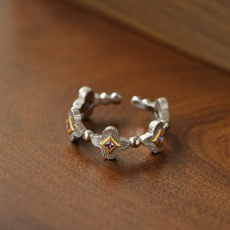 Retro Four - Leaf Clover Cross Open Ring - Geometric Minimalist Band - floysun