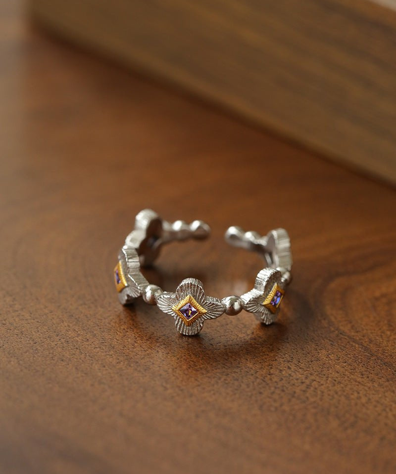 Retro Four - Leaf Clover Cross Open Ring - Geometric Minimalist Band - floysun