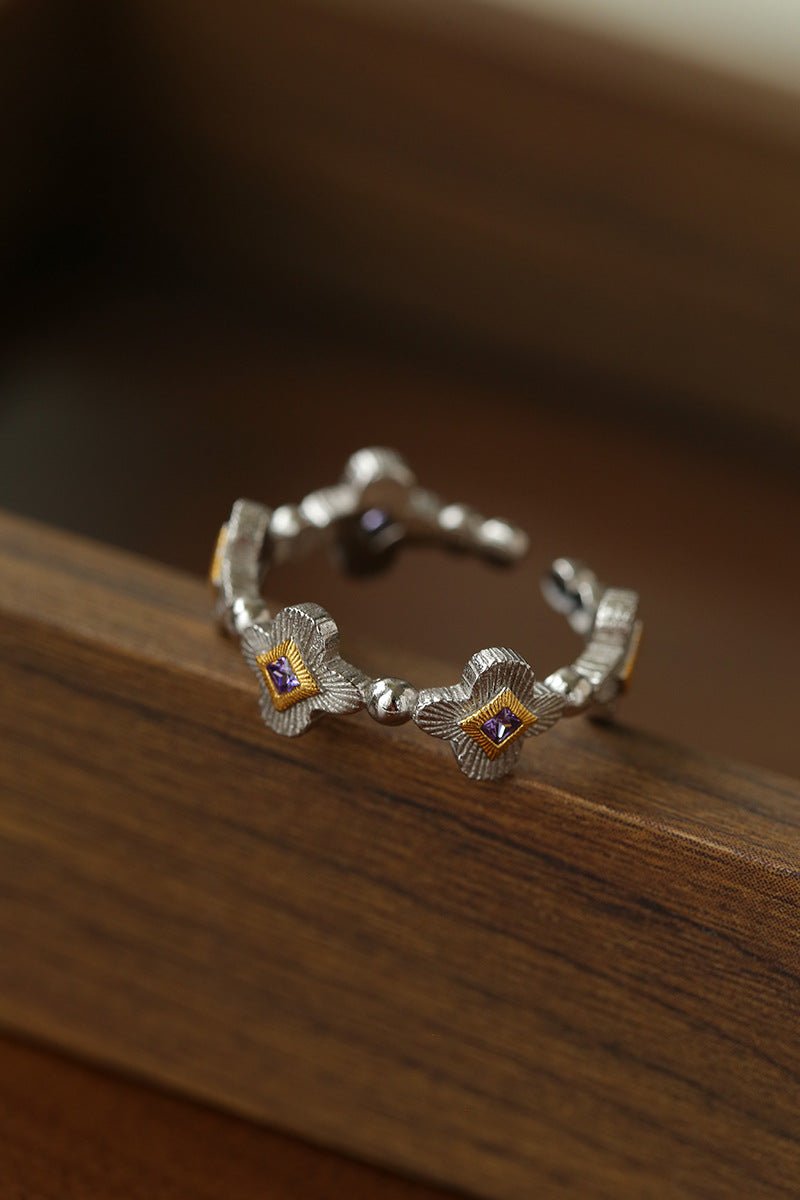 Retro Four - Leaf Clover Cross Open Ring - Geometric Minimalist Band - floysun