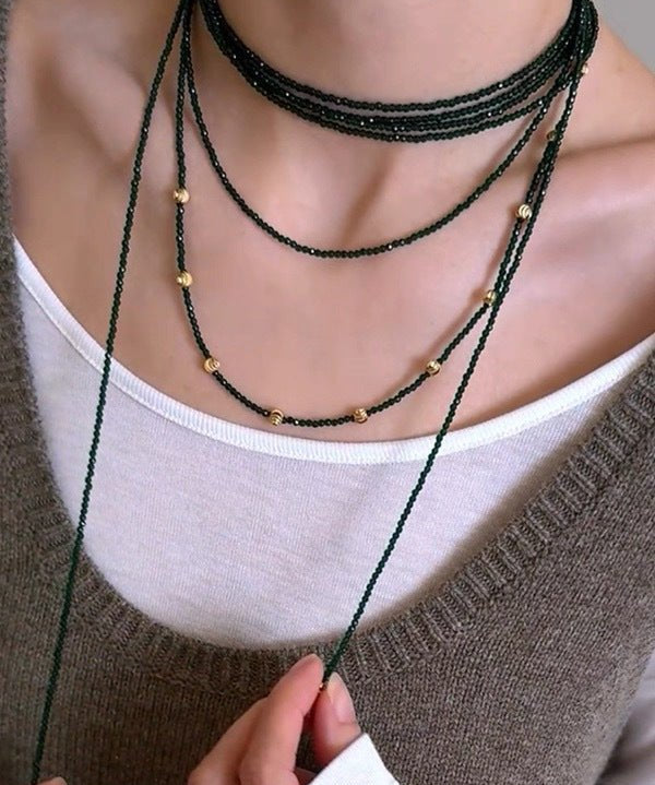 Retro Green Glass Bead Long Necklace – Convertible Layering Strand - floysun