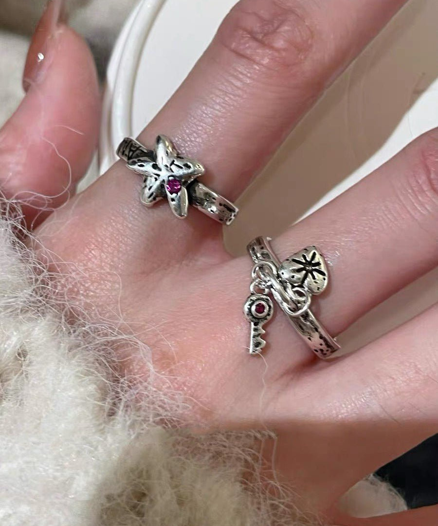 Retro Grunge Starburst & Charm Ring - Handcrafted S925 Sterling Silver Ring with Fuchsia CZ - floysun