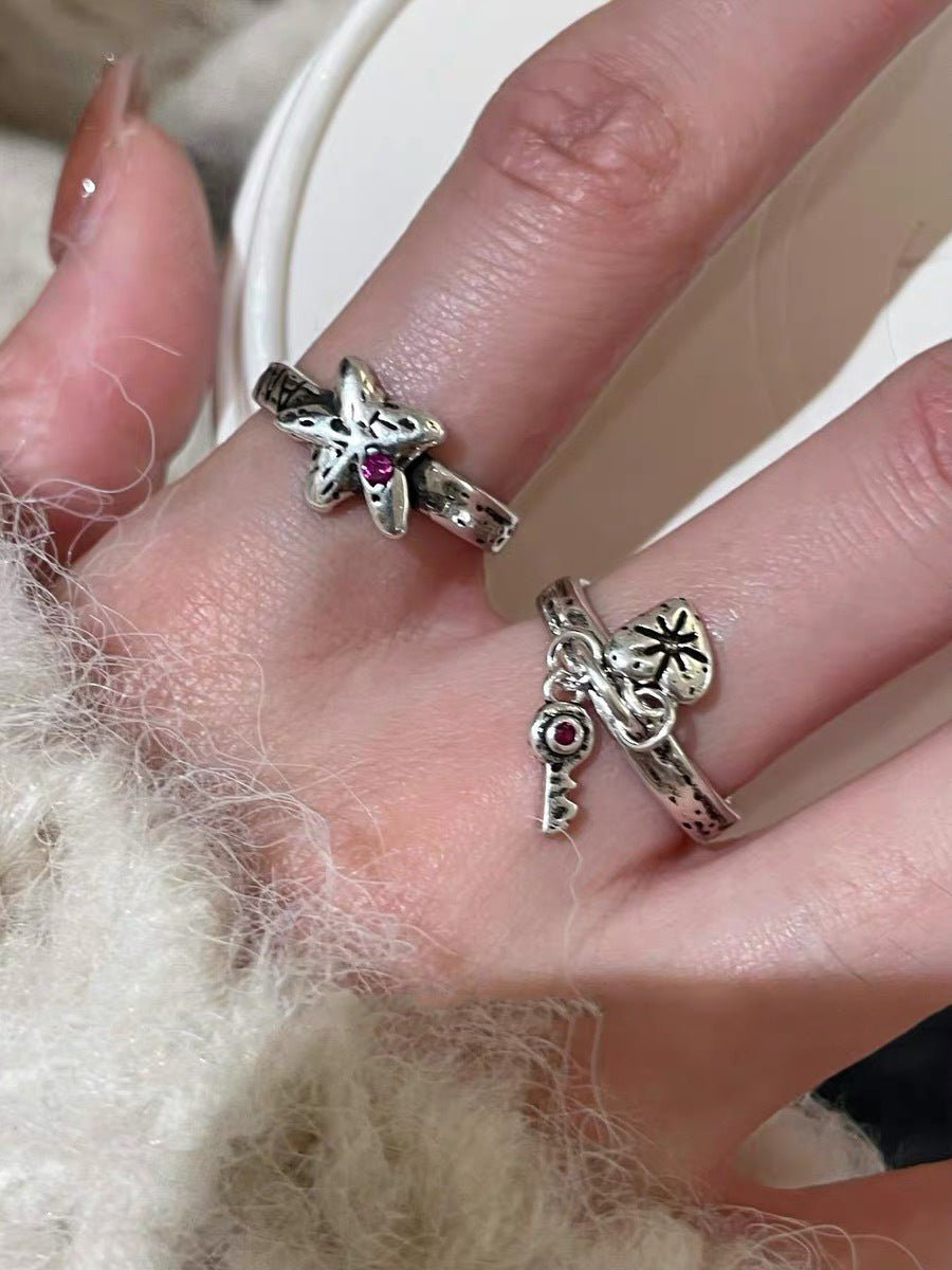 Retro Grunge Starburst & Charm Ring - Handcrafted S925 Sterling Silver Ring with Fuchsia CZ - floysun