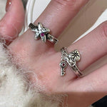 Retro Grunge Starburst & Charm Ring - Handcrafted S925 Sterling Silver Ring with Fuchsia CZ - floysun