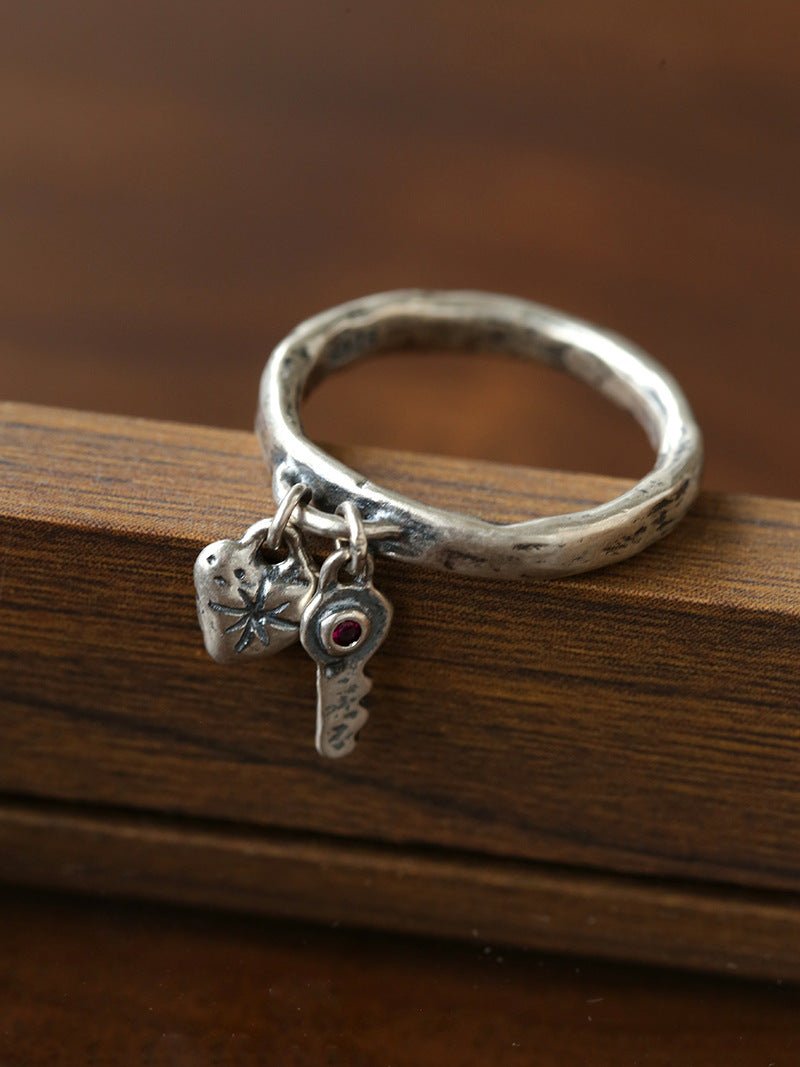 Retro Grunge Starburst & Charm Ring - Handcrafted S925 Sterling Silver Ring with Fuchsia CZ - floysun