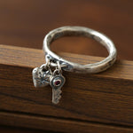 Retro Grunge Starburst & Charm Ring - Handcrafted S925 Sterling Silver Ring with Fuchsia CZ - floysun
