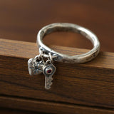 Retro Grunge Starburst & Charm Ring - Handcrafted S925 Sterling Silver Ring with Fuchsia CZ - floysun