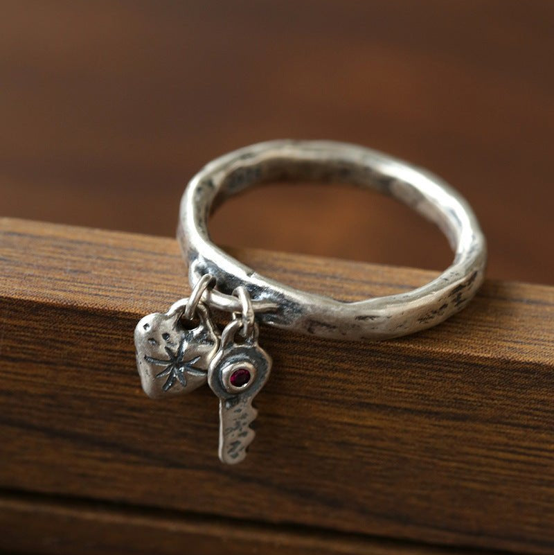 Retro Grunge Starburst & Charm Ring - Handcrafted S925 Sterling Silver Ring with Fuchsia CZ - floysun