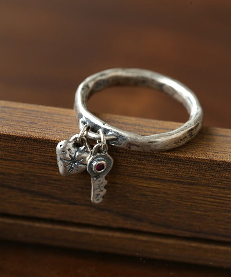 Retro Grunge Starburst & Charm Ring - Handcrafted S925 Sterling Silver Ring with Fuchsia CZ - floysun