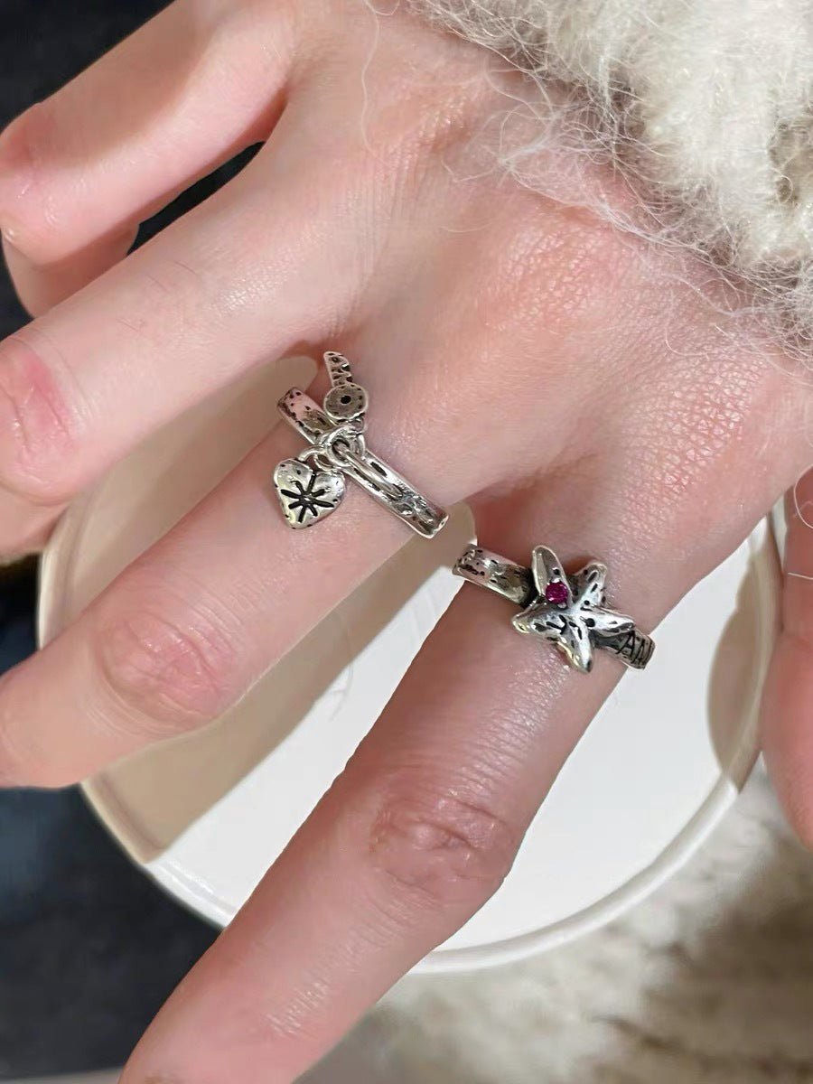 Retro Grunge Starburst & Charm Ring - Handcrafted S925 Sterling Silver Ring with Fuchsia CZ - floysun