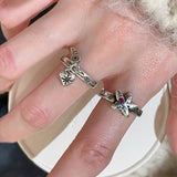 Retro Grunge Starburst & Charm Ring - Handcrafted S925 Sterling Silver Ring with Fuchsia CZ - floysun