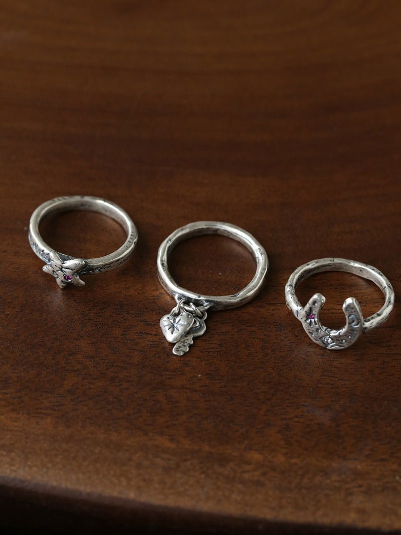 Retro Grunge Starburst & Charm Ring - Handcrafted S925 Sterling Silver Ring with Fuchsia CZ - floysun