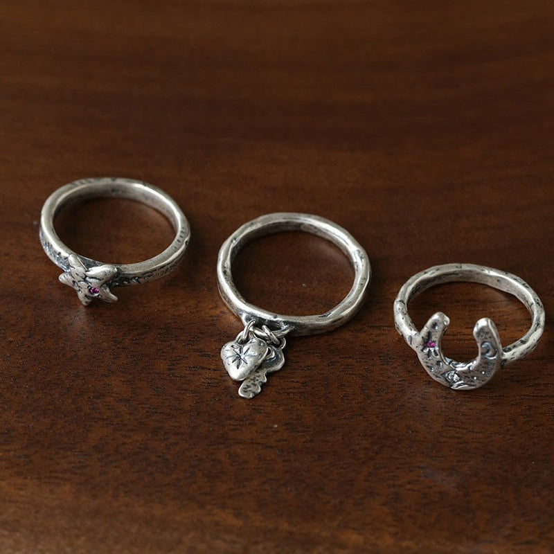 Retro Grunge Starburst & Charm Ring - Handcrafted S925 Sterling Silver Ring with Fuchsia CZ - floysun