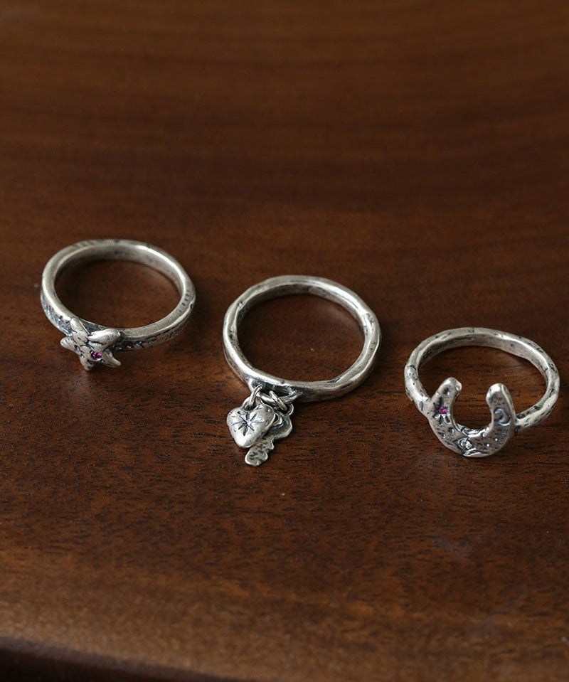 Retro Grunge Starburst & Charm Ring - Handcrafted S925 Sterling Silver Ring with Fuchsia CZ - floysun